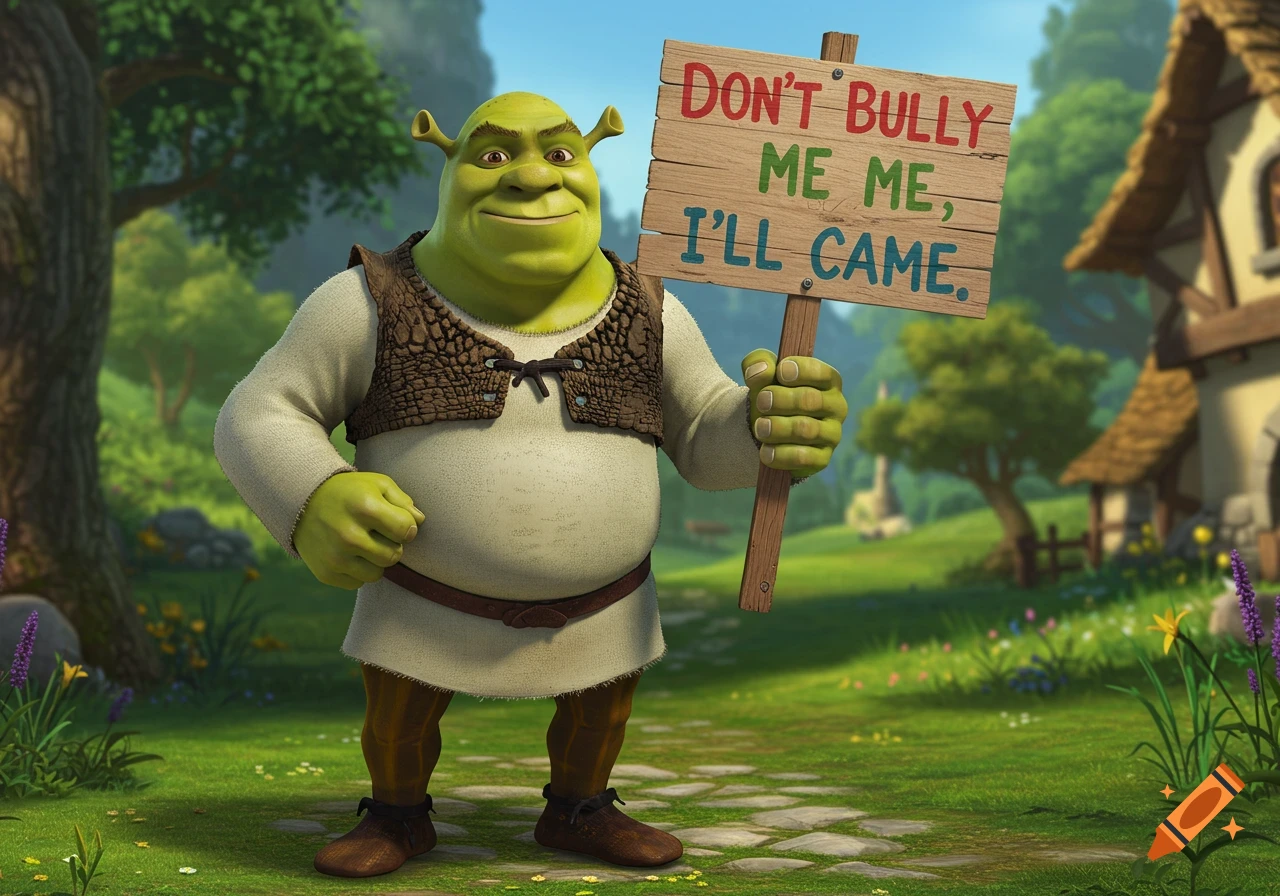 Shrek stands in a grassy field holding a sign that reads DON'T BULLY ME ME, I'LL CAME.