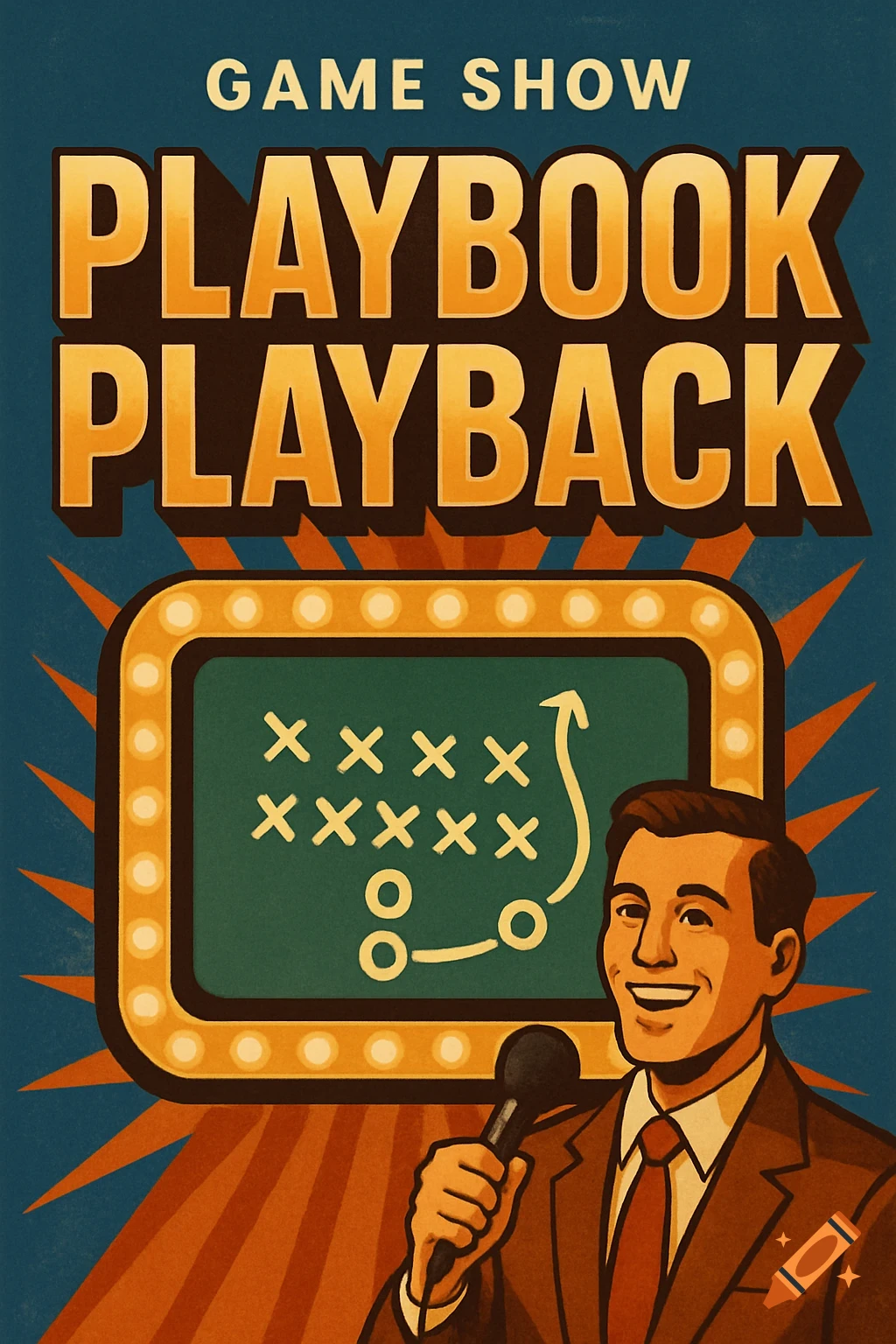 A retro game show poster with a host holding a microphone, a board showing a football play, and text that reads "GAME SHOW PLAYBOOK PLAYBACK".