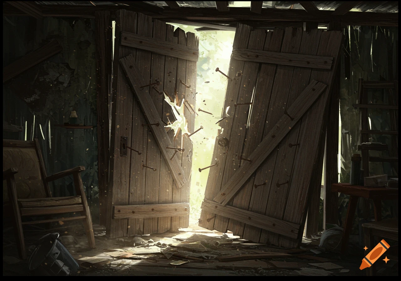 Inside a damaged old shack looking out through broken wooden doors, light streams in onto debris on the floor.