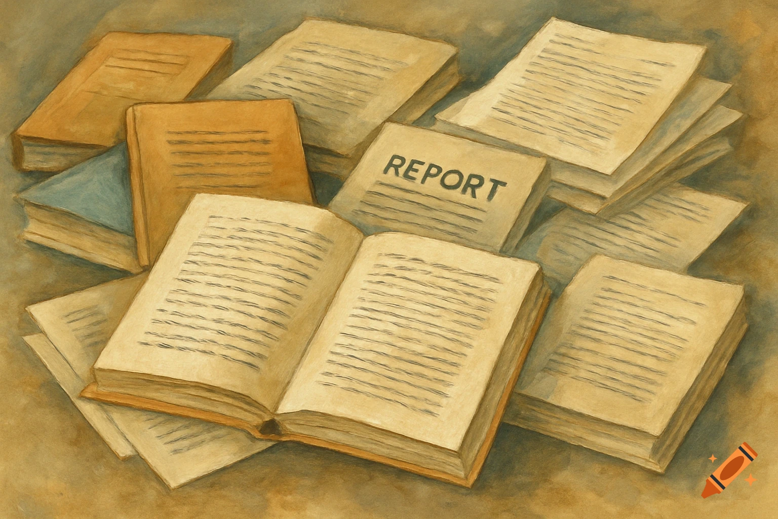 A pile of books and papers, including an open book and one labeled REPORT, in a watercolor style.