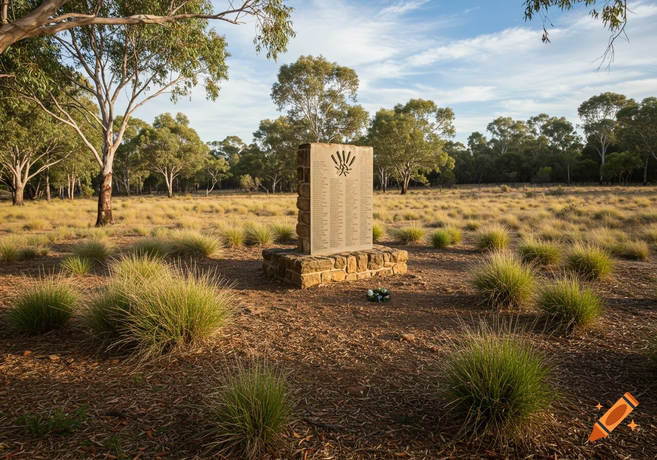 Stone memorial in a grassy field surrounded by trees.