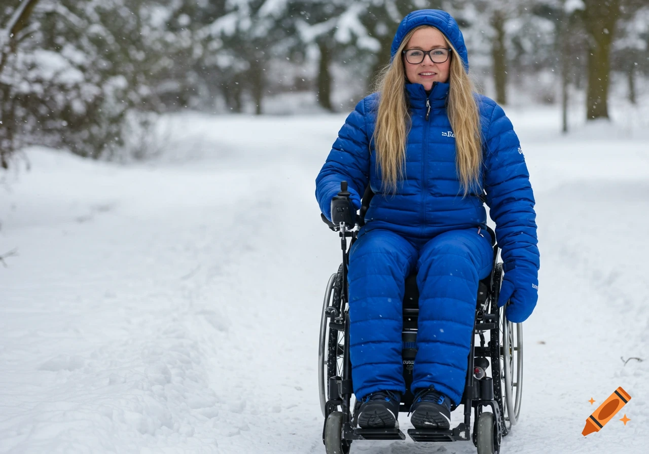 Woman in a blue puffer suit navigates a snowy path in an electric wheelchair.