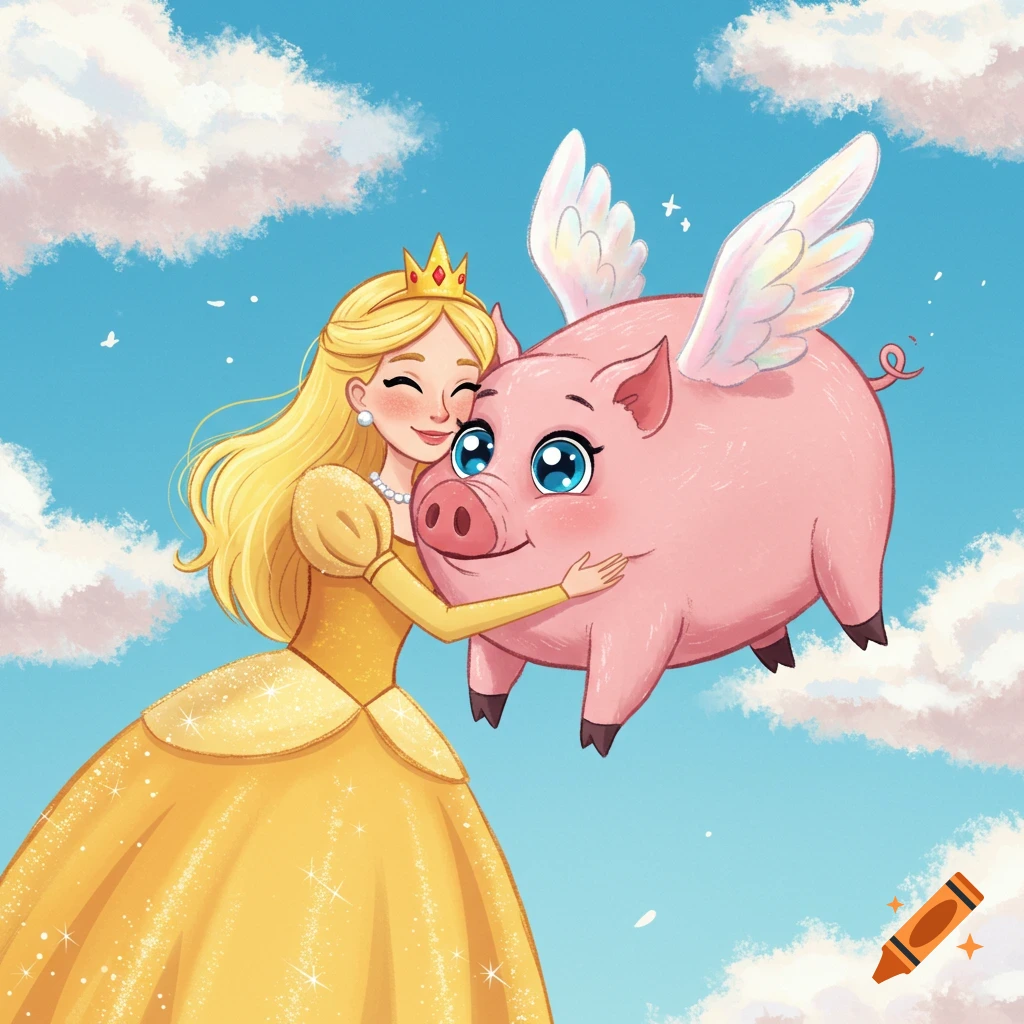 A cartoon princess hugs a pink flying pig in a cloudy sky.