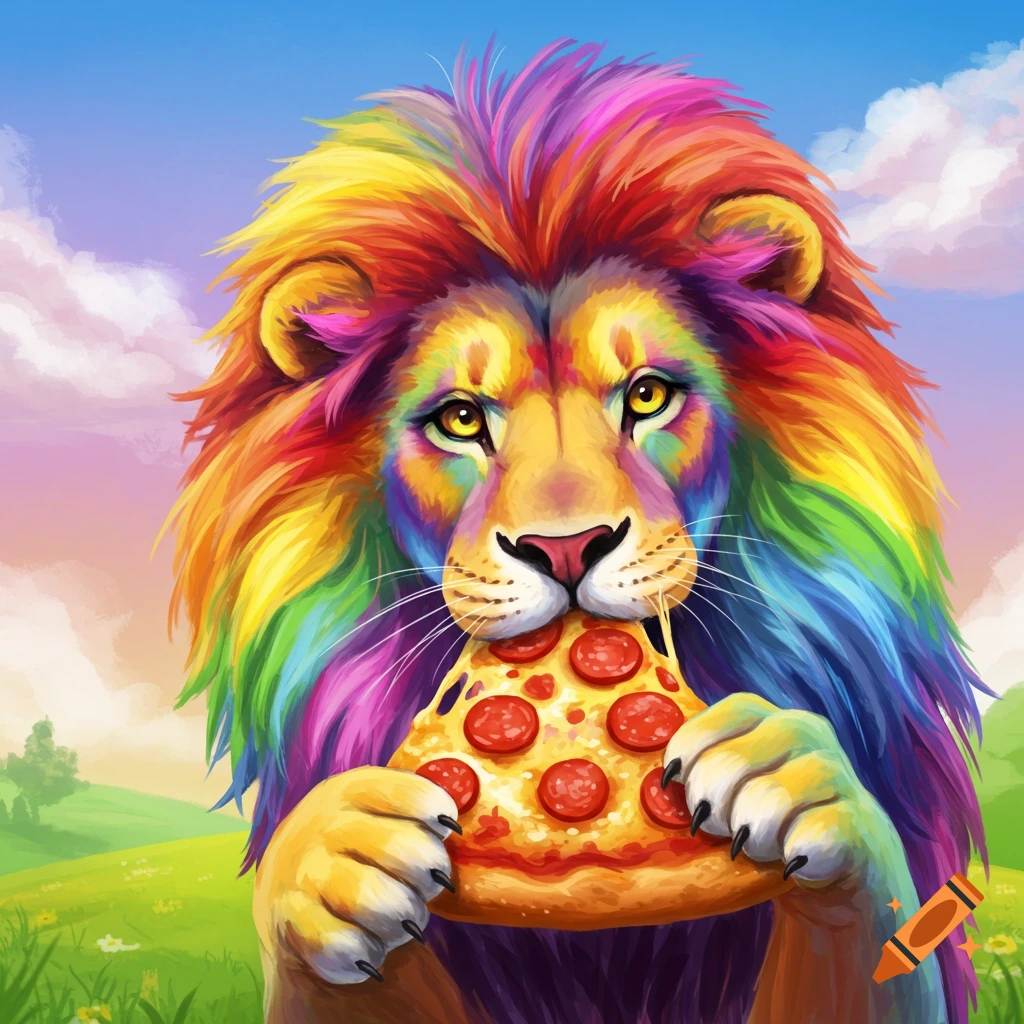 A rainbow-maned lion sits in a field and eats a slice of pepperoni pizza. Digital illustration.