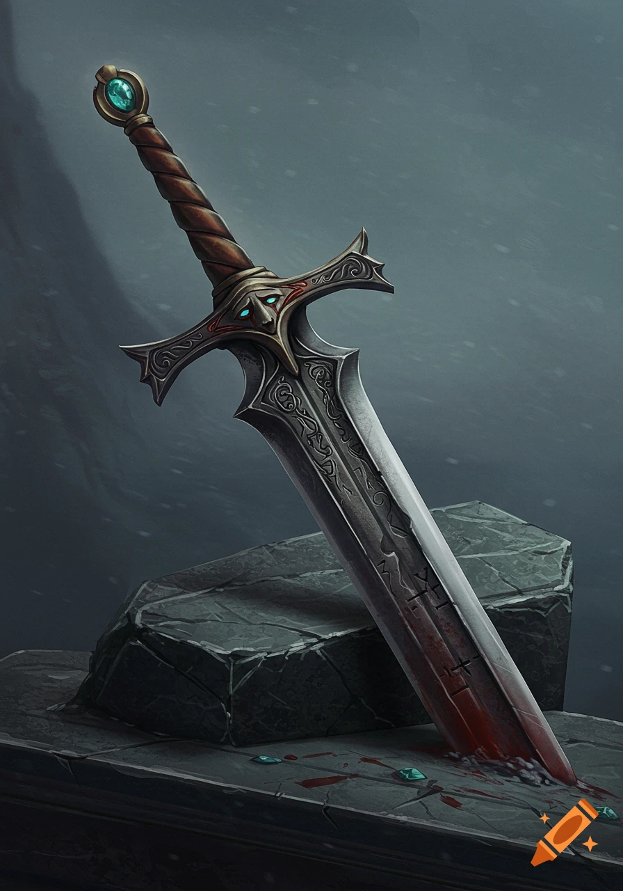Fantasy sword with glowing eyes and runes stuck in stone, stained with blood.