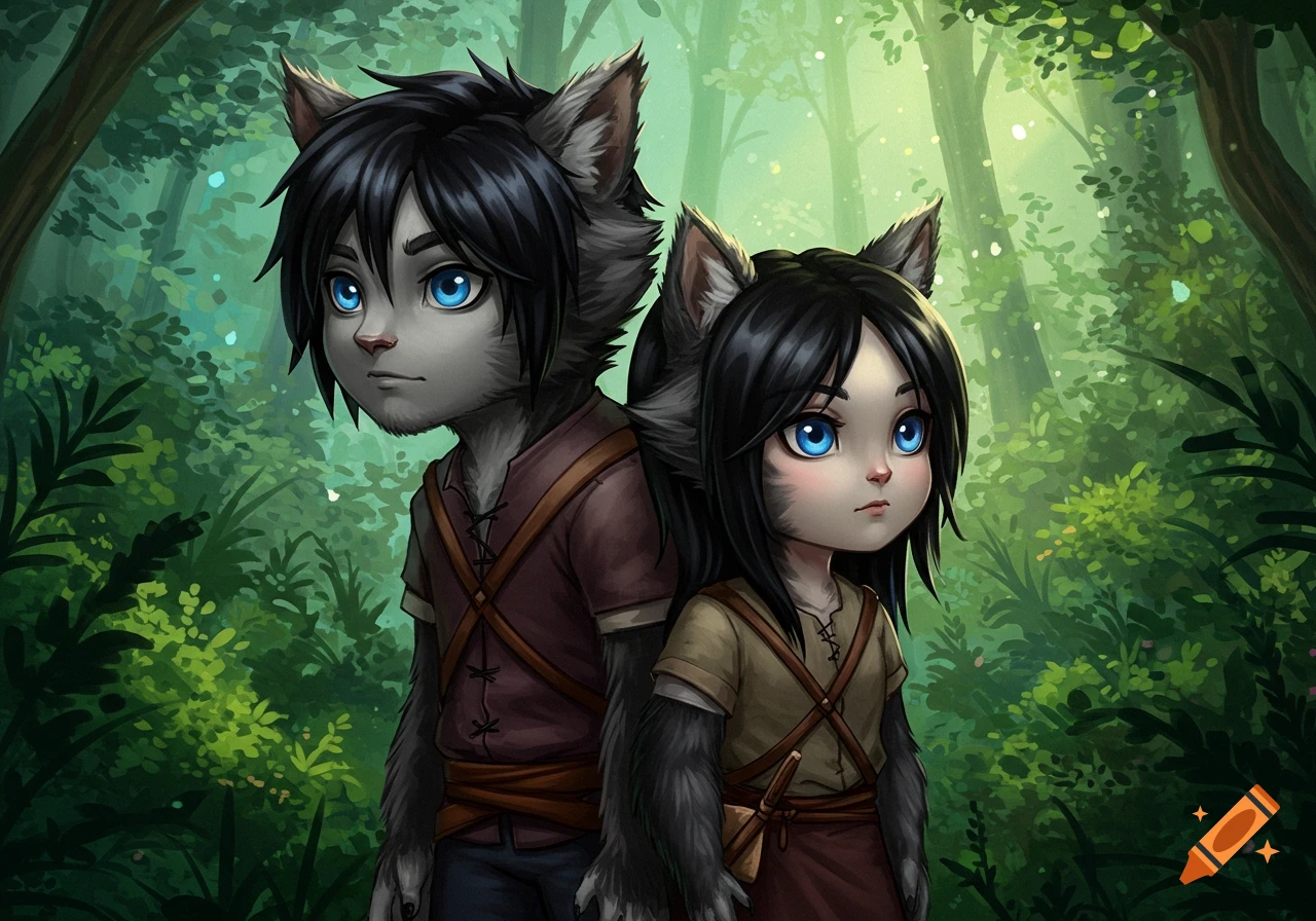 Two stylized young werewolf characters stand side-by-side in a forest.