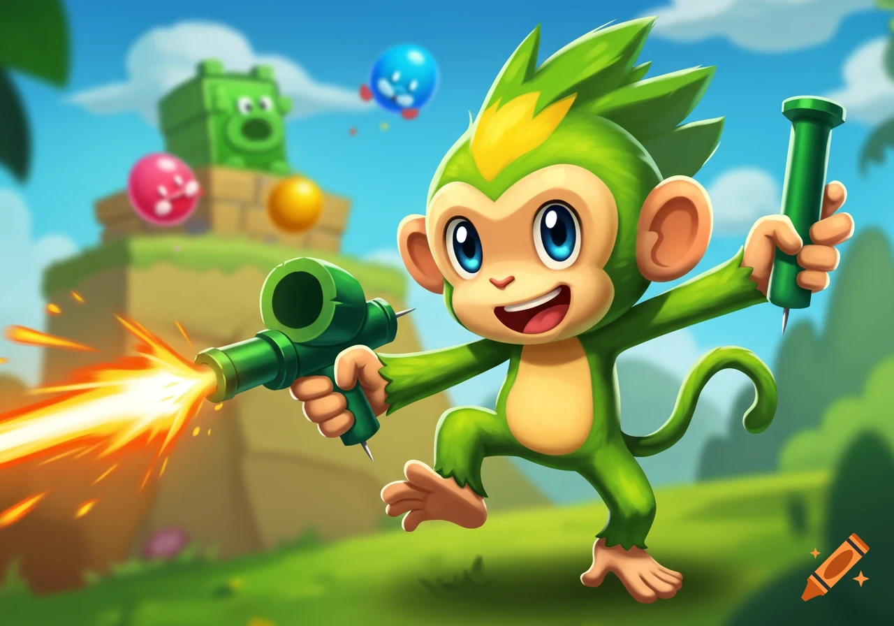 Cartoon monkey character firing a dart gun in a game setting with enemies.