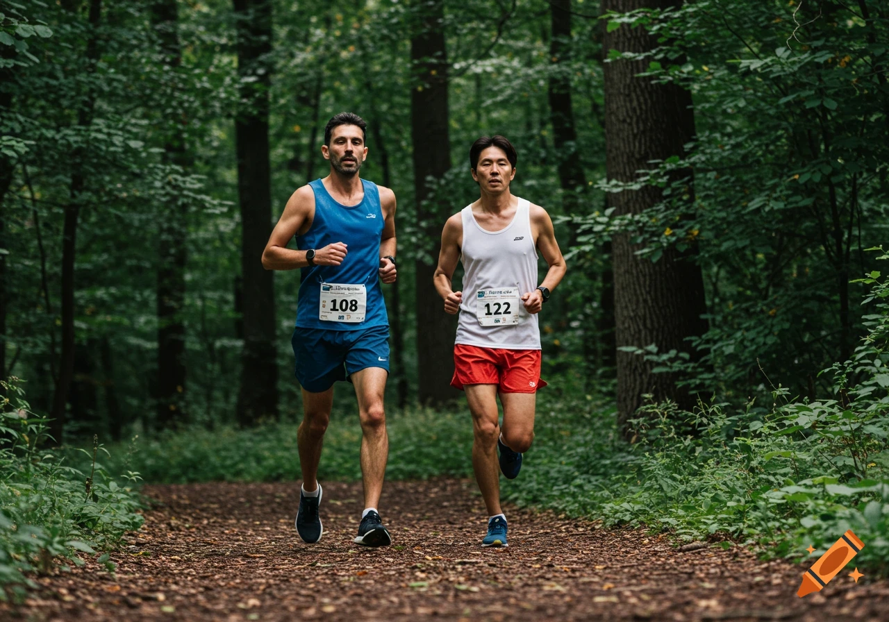 Two men run a race on a trail in a forest.