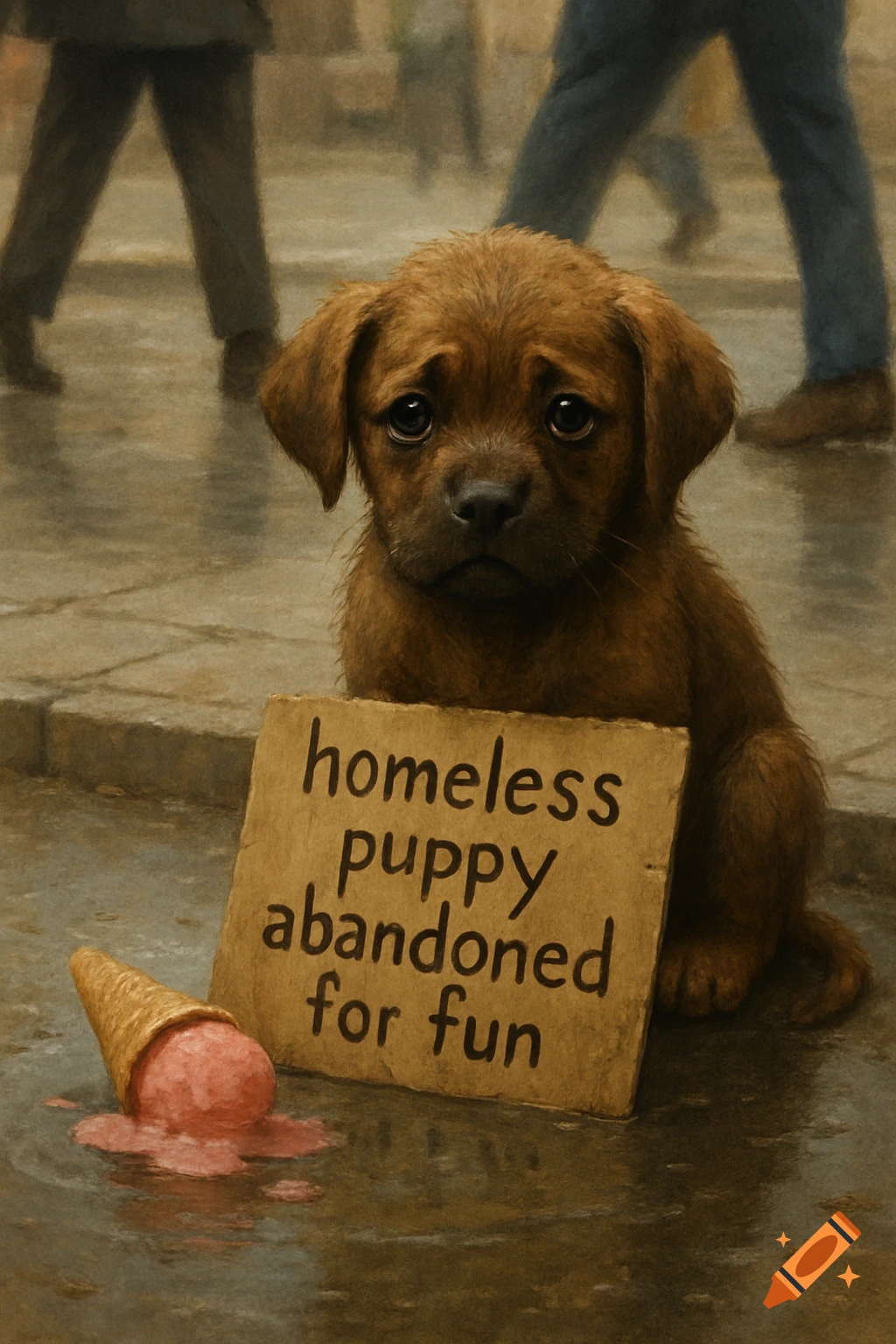 A sad brown puppy sits on a wet street next to a sign and melted ice cream cone, painted style.