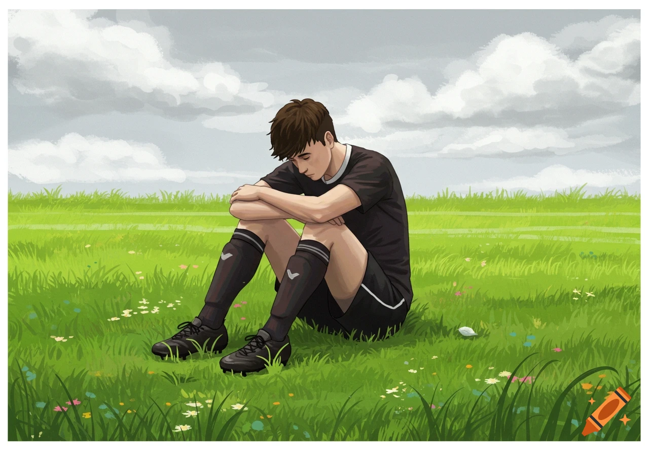 A sad young soccer player sits alone on a grassy field under a cloudy sky. Illustration.