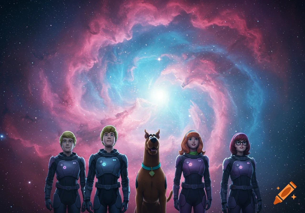 Scooby-Doo and friends in spacesuits look at a colorful nebula in space.