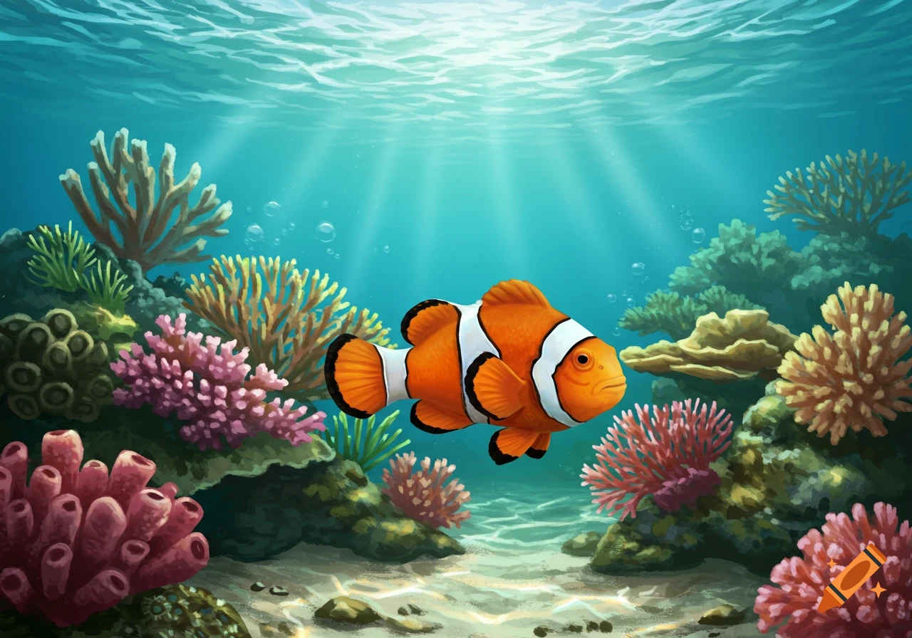 A clownfish swims in a vibrant coral reef under sunlight filtering through the water.