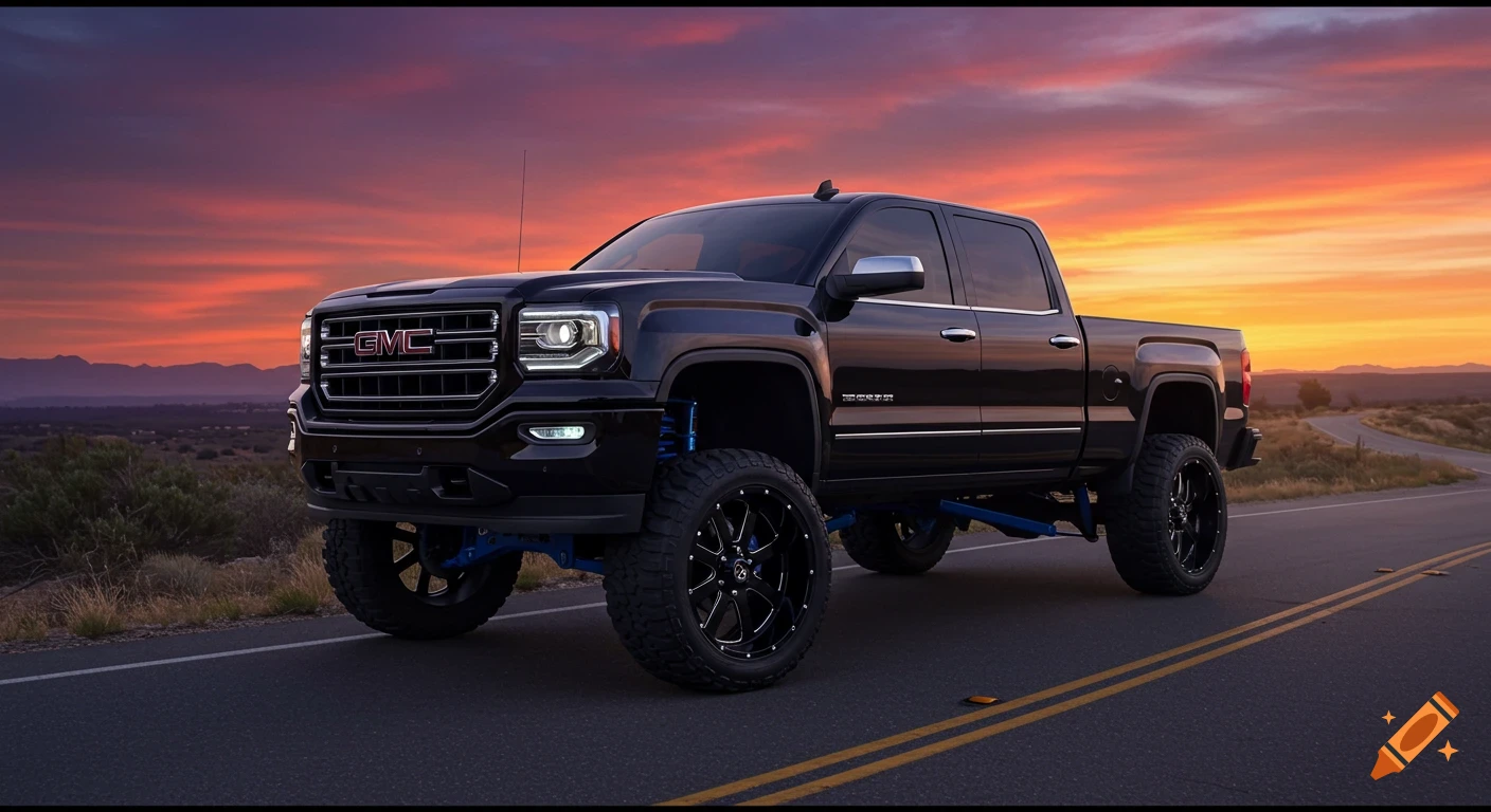 Black lifted GMC Sierra truck on a road at sunset