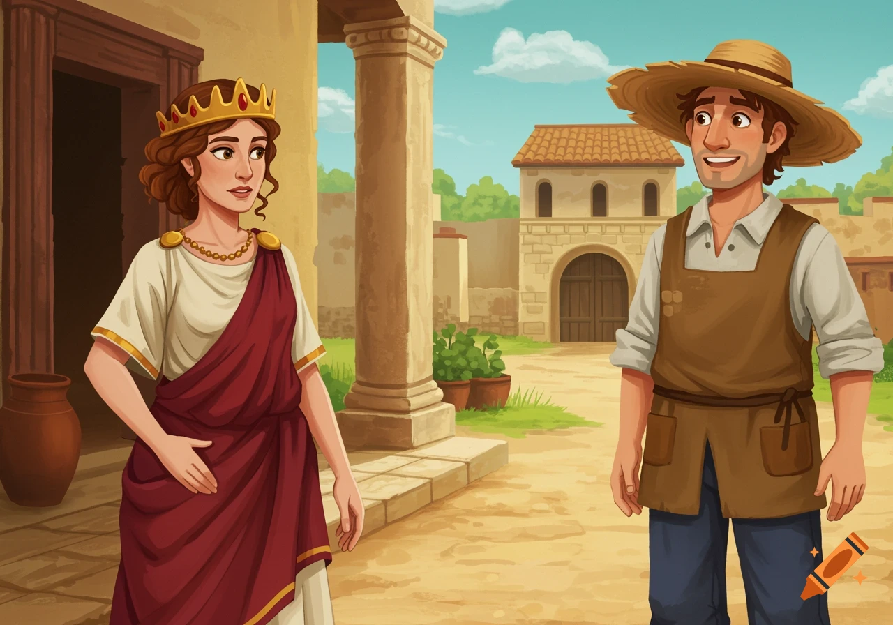 A cartoon of a Roman queen in a courtyard looking at a smiling farmer in a straw hat who is looking away.