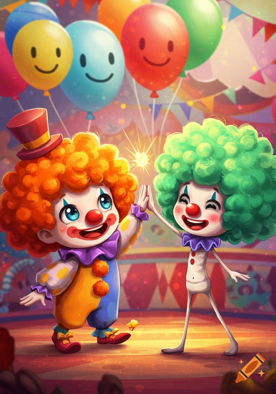 Cute cartoon clowns high-fiving with balloons in a circus setting.