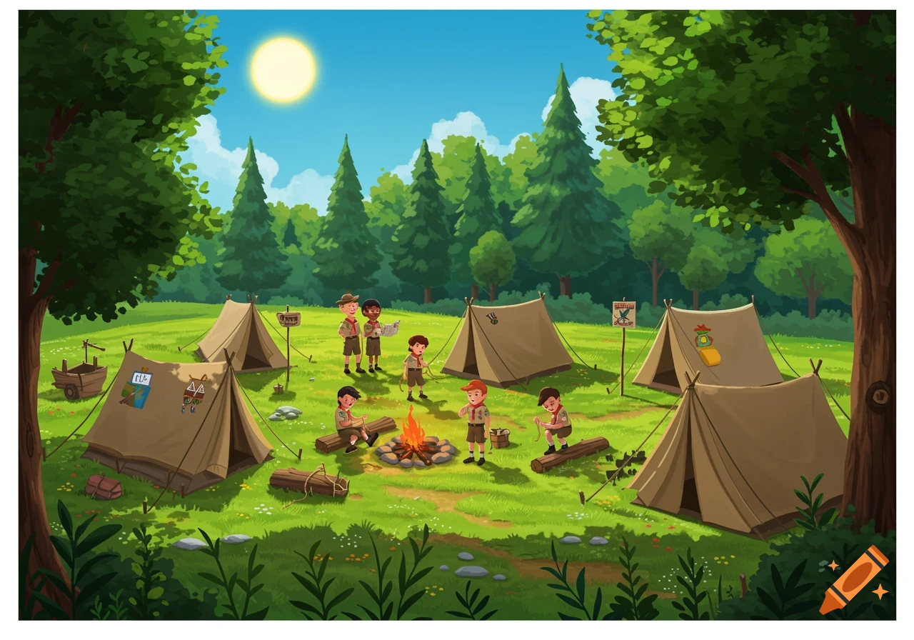 Illustration of boy scouts camping around a campfire with tents in a sunny forest clearing.