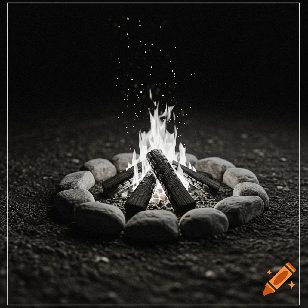 Black and white campfire surrounded by stones.