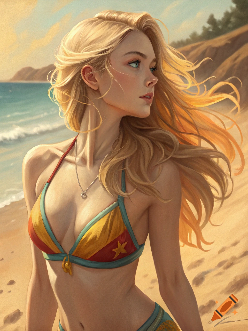 Blonde woman in bikini on a sunny beach, digital painting style