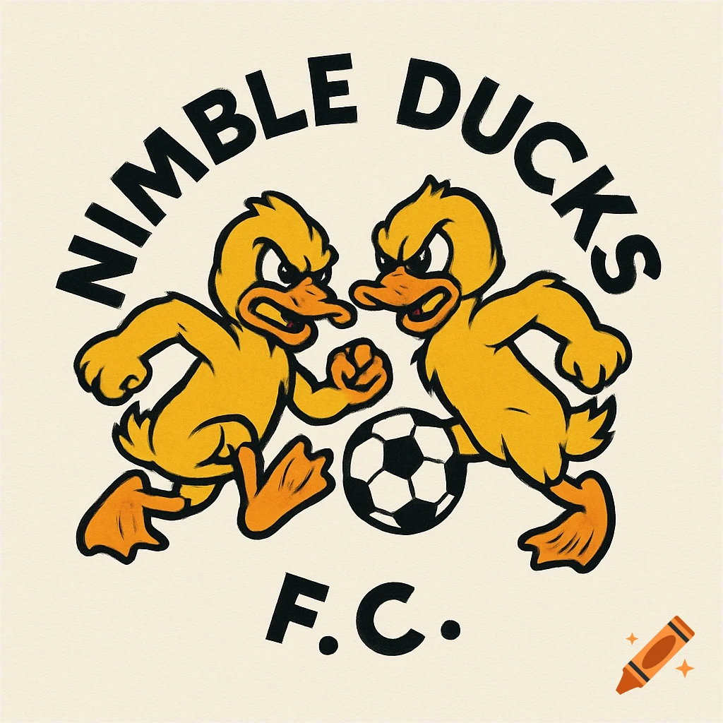 Logo of two cartoon ducks playing soccer with 'NIMBLE DUCKS F.C.' text.