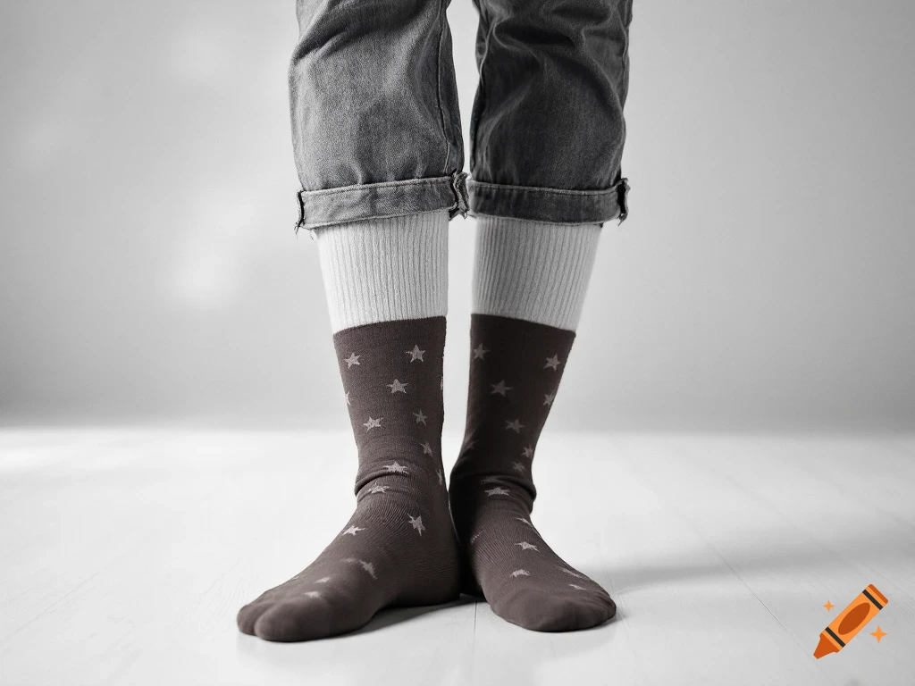 Black and white photo of person's feet wearing rolled jeans and star-patterned socks.