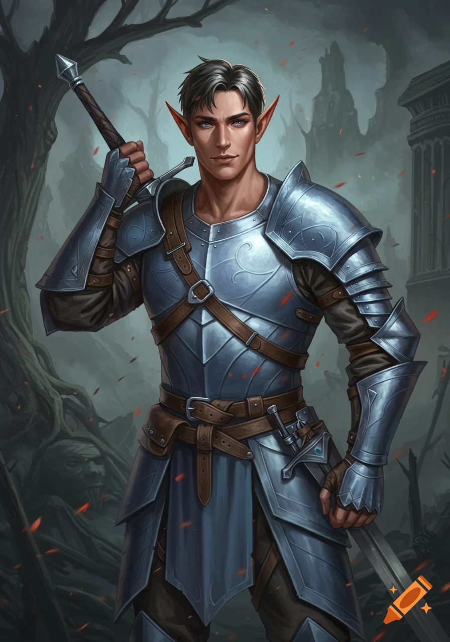 A half-elf knight in detailed silver armor stands with a sword in a dark, moody fantasy setting with ruins.