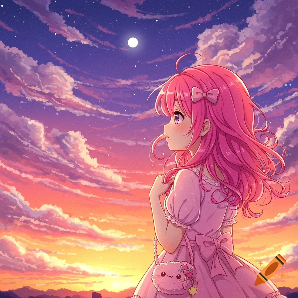 Anime girl with pink hair looking at a sunset with clouds and a moon