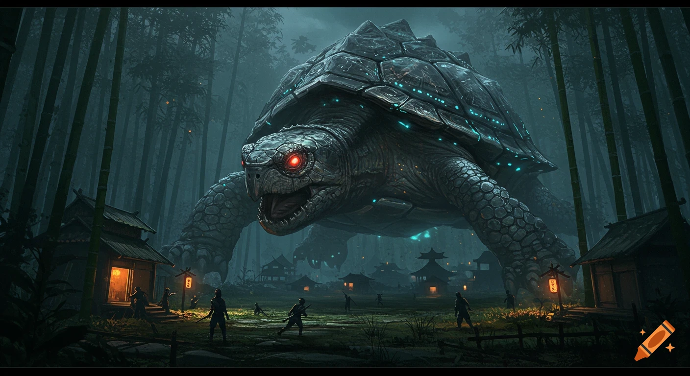 Giant metal snapping turtle hovers over a ninja village at night in a bamboo forest, digital art.