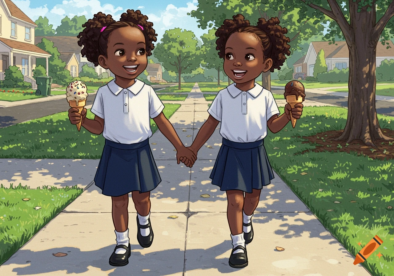 Two young girls in school uniforms walk hand in hand on a sidewalk with ice cream in a sunny neighborhood.