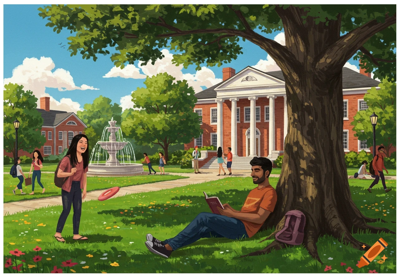 Illustration of students on a sunny college campus quad with a fountain and large buildings.