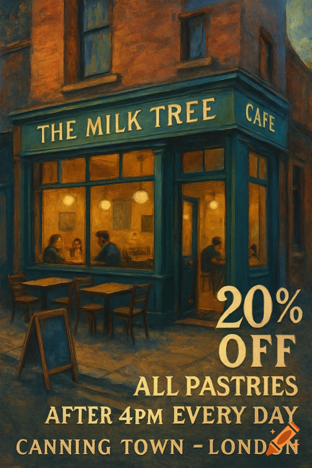 Painterly cafe storefront at night advertising 20% off pastries with text overlay: The Milk Tree Cafe, Canning Town - London.