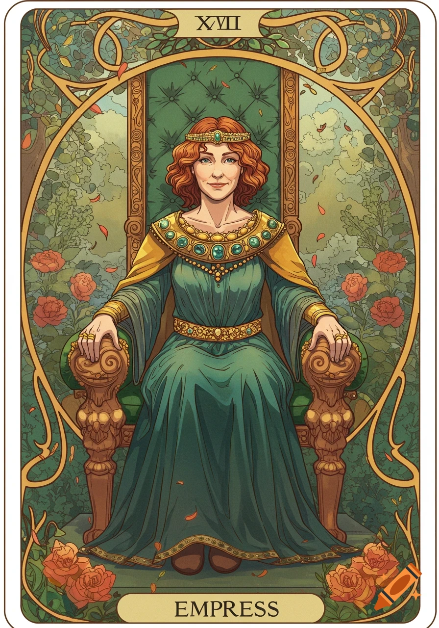 Illustration of The Empress tarot card in an art nouveau style, featuring a woman with red hair and a crown sitting on a green throne surrounded by roses and foliage.