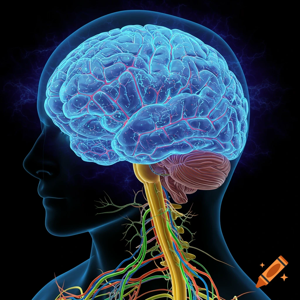 Stylized illustration of a glowing human brain and nervous system ...