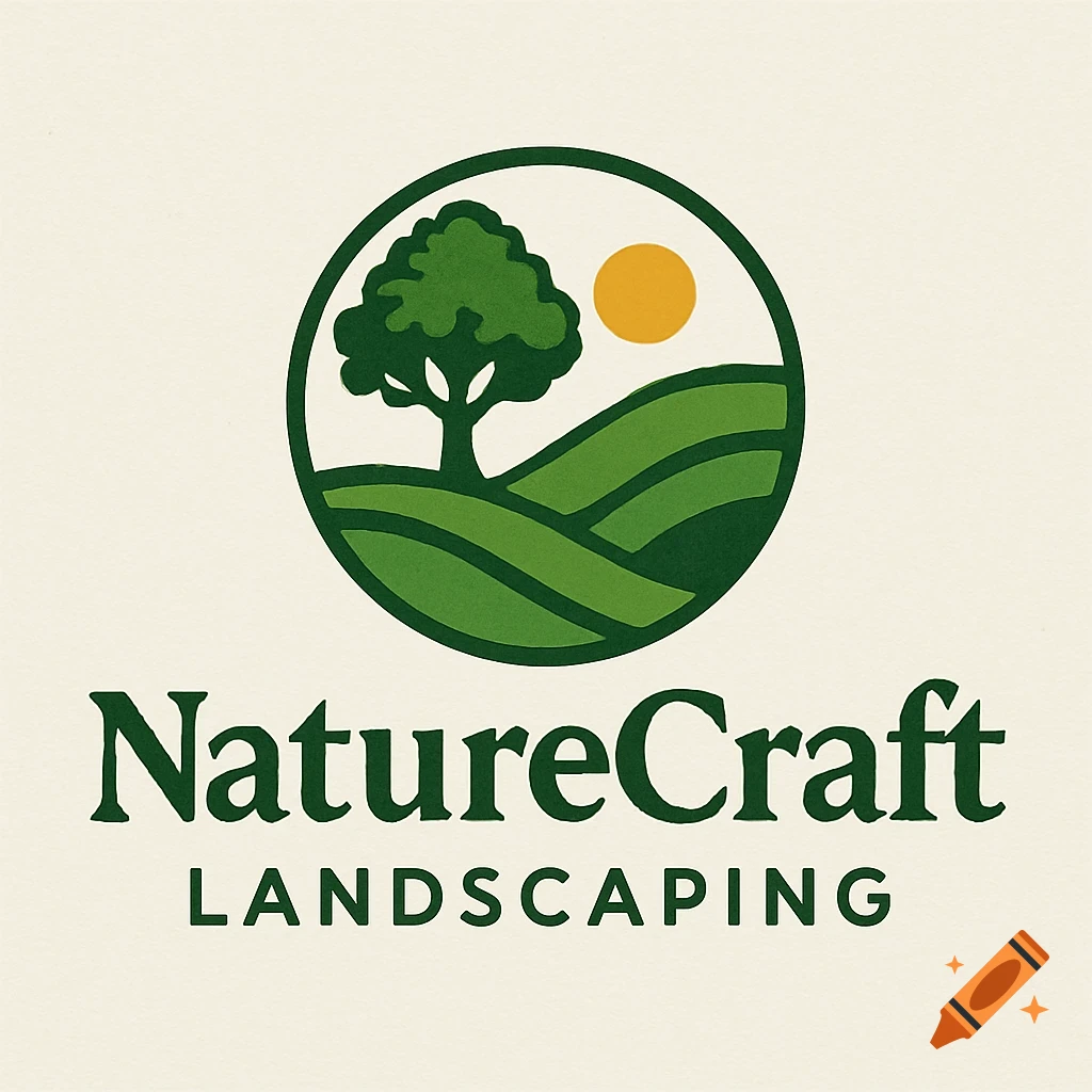 A green and yellow logo depicting a tree on hills inside a circle, with the text "NatureCraft LANDSCAPING".