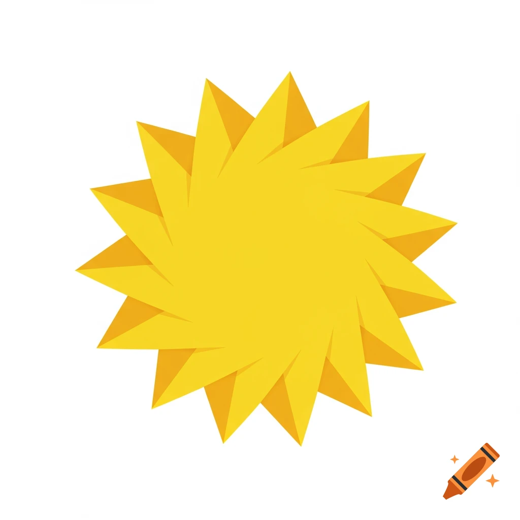 A yellow origami star or sun shape on a white background.