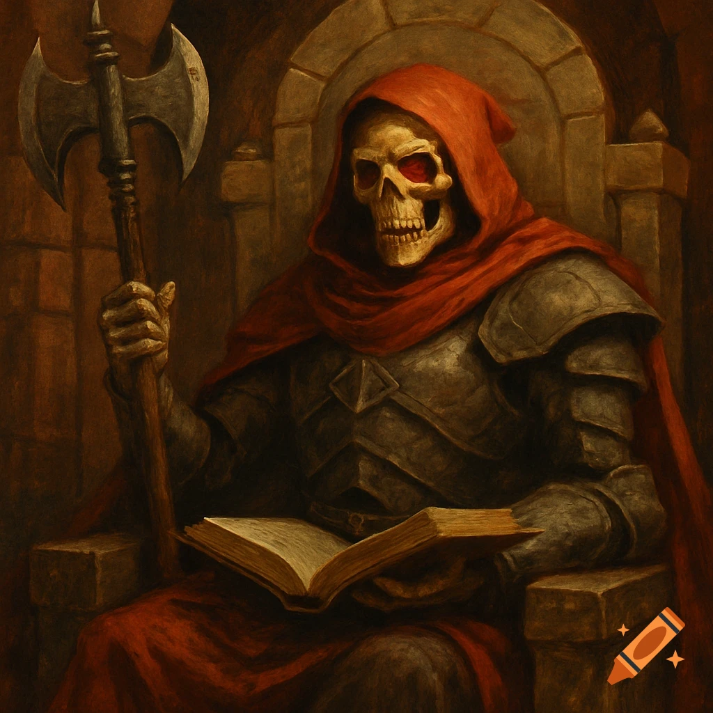 A skeleton in armor and a red hood sits on a throne holding a large axe and reading a book. Stylized dark fantasy painting.