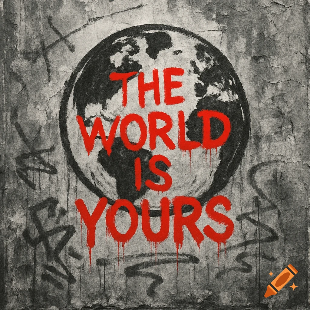 Graffiti art on a wall showing a globe with the text 'The World is Yours' in dripping red paint.