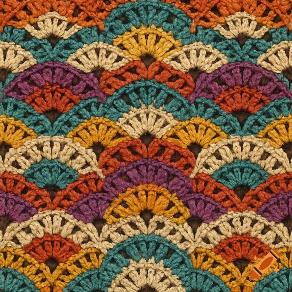 Colorful crochet pattern with repeating fan stitches in orange, teal, purple, yellow, and beige.