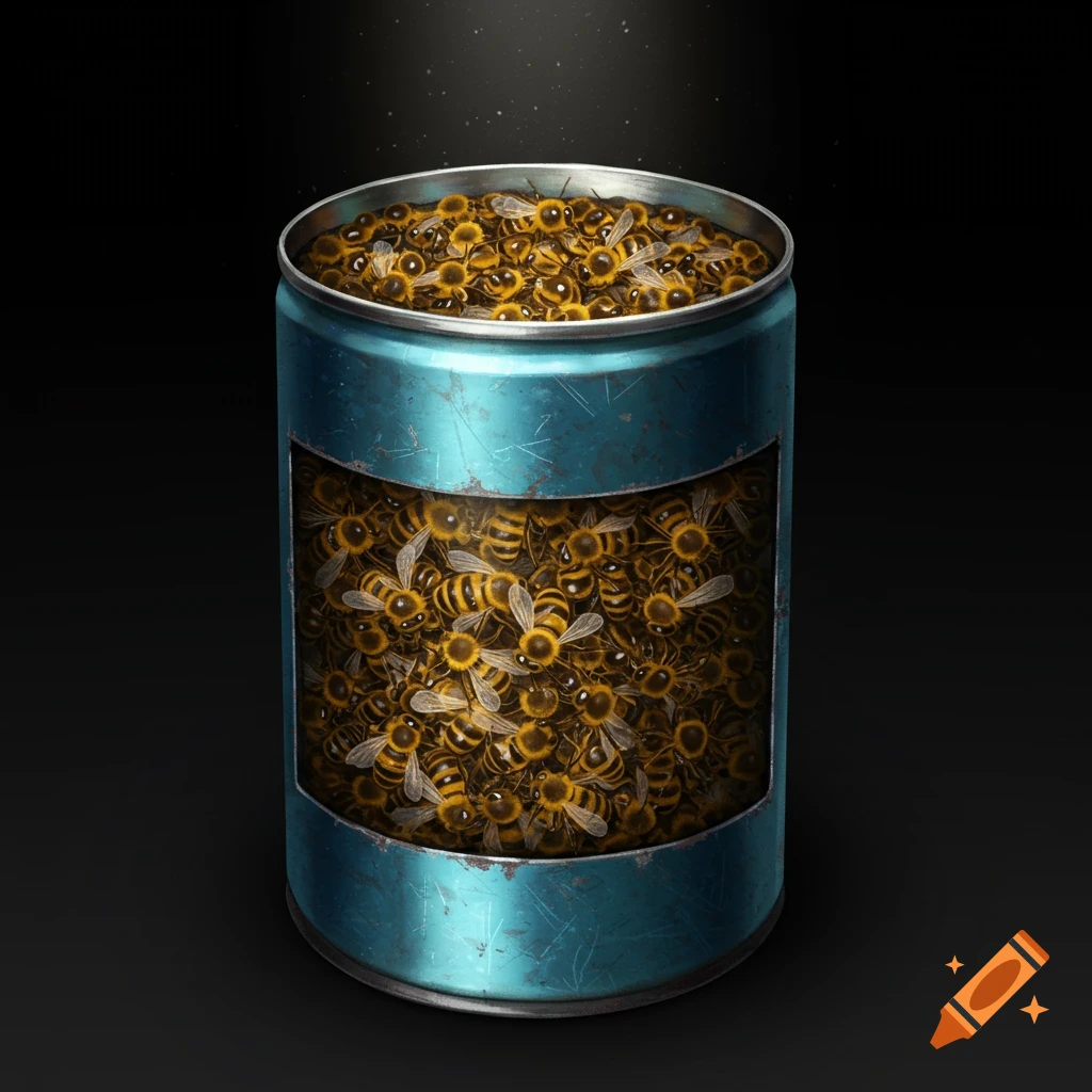 A metal can filled to the brim with bees on a dark background.