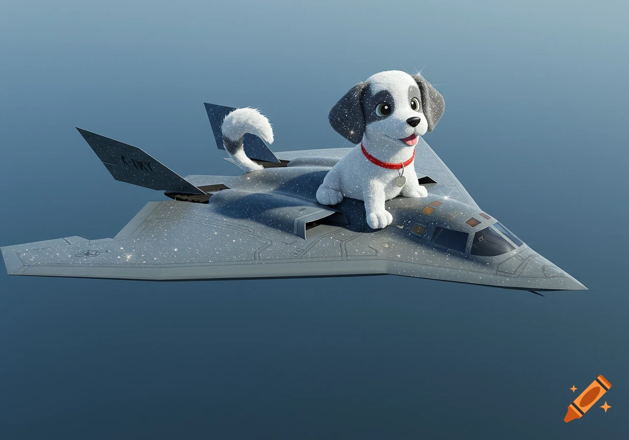 Sparkly cartoon puppy sits on a sparkly stealth bomber flying in the sky