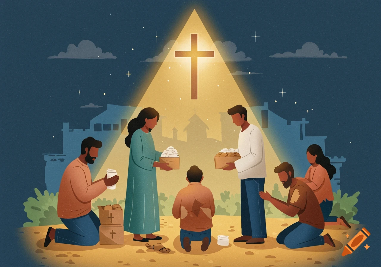 An illustration of diverse people giving and receiving items under a glowing cross in a community setting.