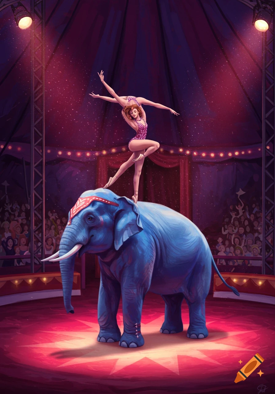 Acrobat balances on a blue elephant's back in a spotlighted circus ring.