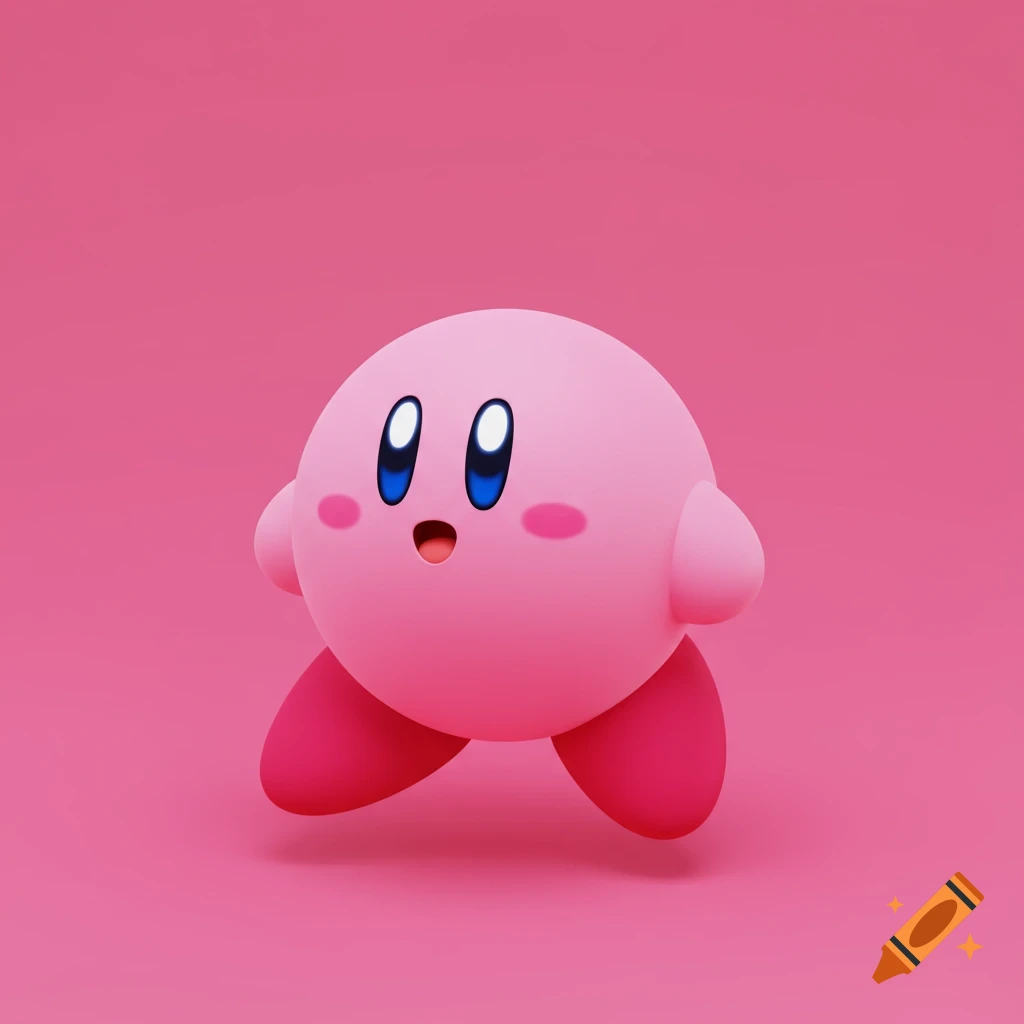 A 3D render of the pink character Kirby with big blue eyes walking on a pink background.