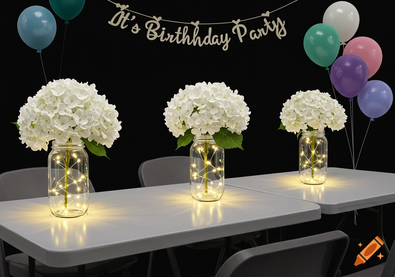 Birthday party table setting with hydrangeas in jars with lights, balloons, and a banner
