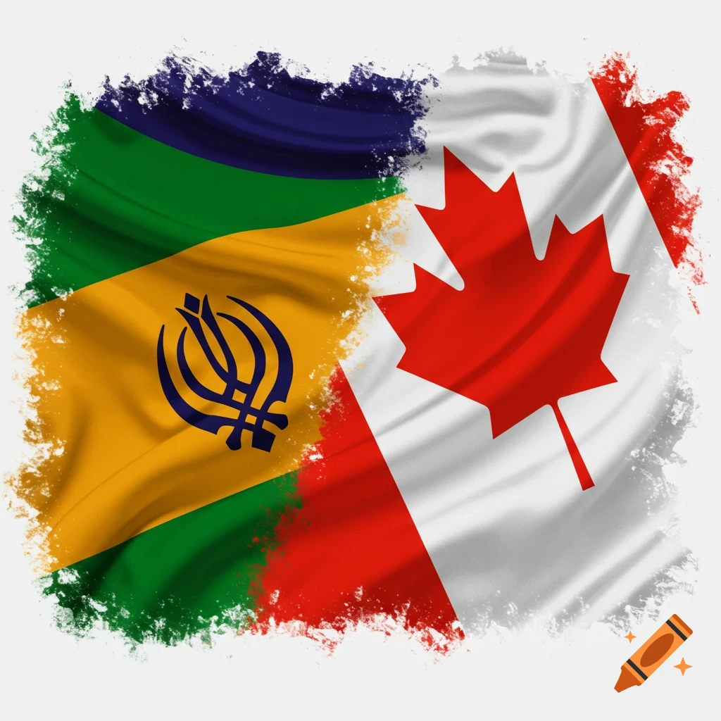 Canadian flag and Sikh religious flag overlapping with brushstroke texture.