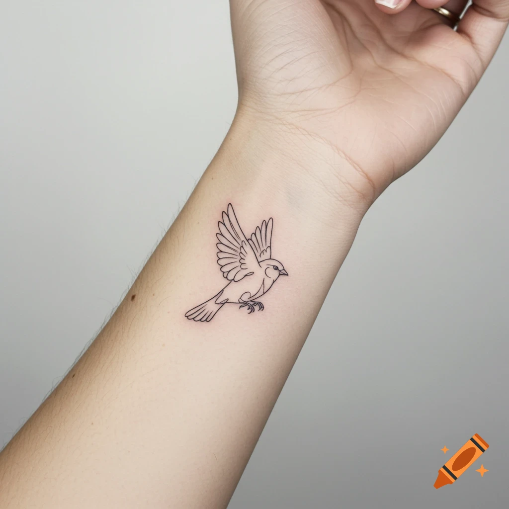A small linework bird tattoo on a wrist.