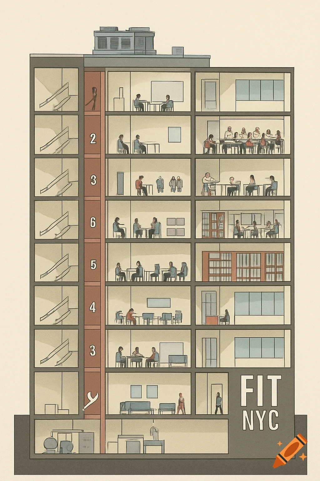 Cross-section illustration of a multi-story building showing rooms, people, and stairs, with 'FIT NYC' text.