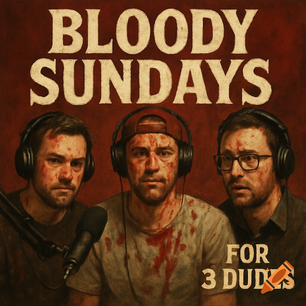 Three men with fake blood stains wear headphones and microphone below text 'BLOODY SUNDAYS FOR 3 DUDES'