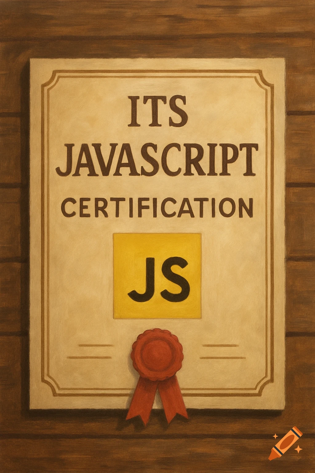 A painting of a certificate for JavaScript on a wooden background.