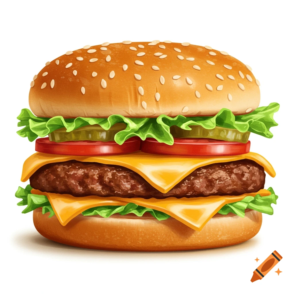An illustration of a hamburger with cheese, lettuce, tomato, and pickles.