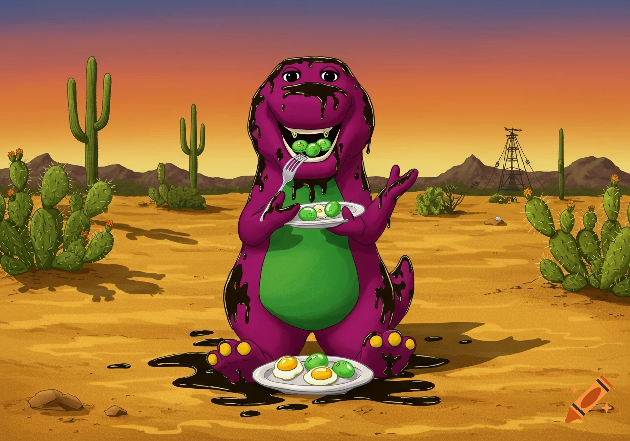 Barney the dinosaur covered in black liquid eats green spheres and fried eggs in a desert landscape with cacti and mountains.